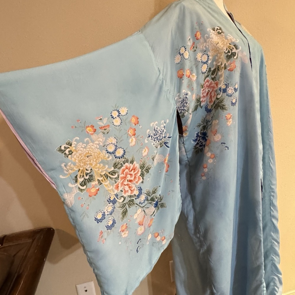 Vintage Reversible Japanese Rayon Kimono Robe Purple Floral Made Japan 1930s - Picture 7 of 16